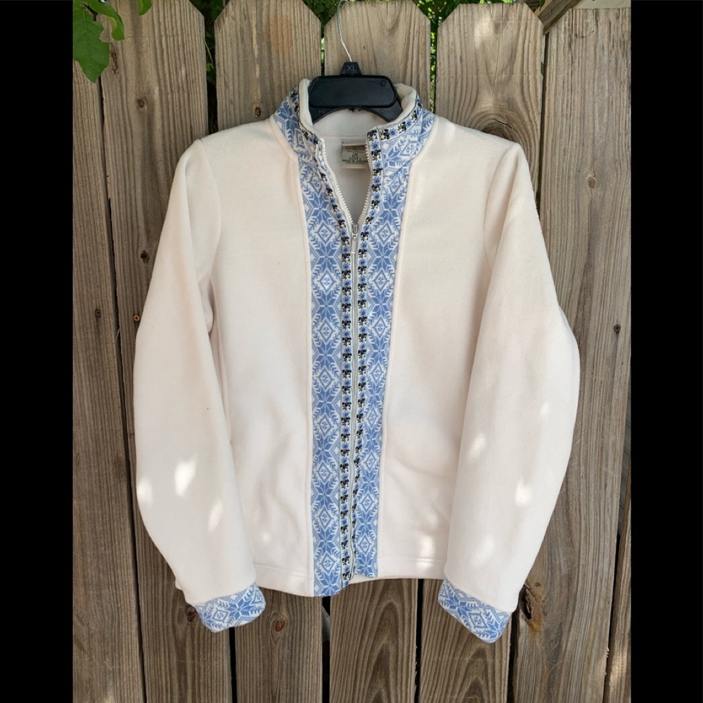 L.L. Bean Cream Fleece Jacket with Blue Pattern Trim